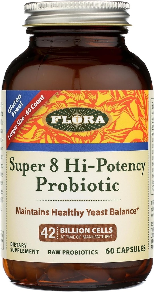 Flora - Super 8 Hi Potency Probiotics 60 Count - 건강한 효모 균형 및 소화 건강 - 남성 및 여성 - 42 억 CFU, Raw, 글루텐 무료 - 최대 2 개월 공급