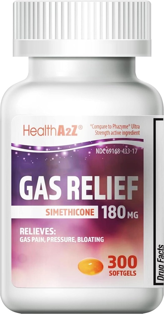 HealthA2Z® Gas Relief Simethicone 180mg | Stomach Discomfort 및 Gas의 구호 | Anti Flatulence | Relieves Gas Fast(300개)