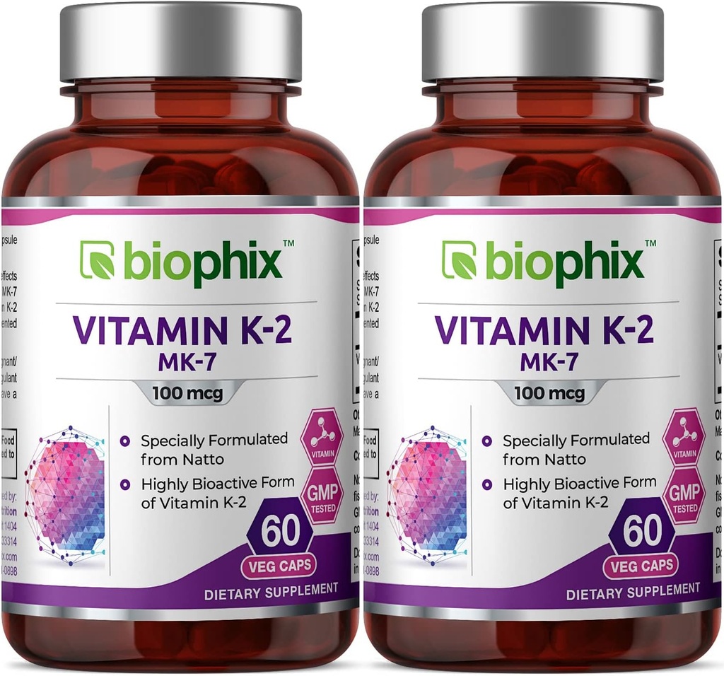 biophix 비타민 K2 MK-7-100 mcg 60 Vcaps 2 팩 - 강한 뼈 면역력을 지원