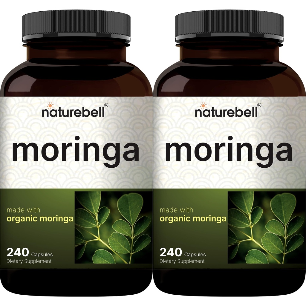 NatureBell Pure Moringa 캡슐 8,000mg / 서빙 (2 팩) | Moringa Powder Organic, 480 캡슐 - 그린 슈퍼 푸드, 피부 건강, & 면역 지원 - Non-GMO, 글루텐 무료, 8 개월 공급