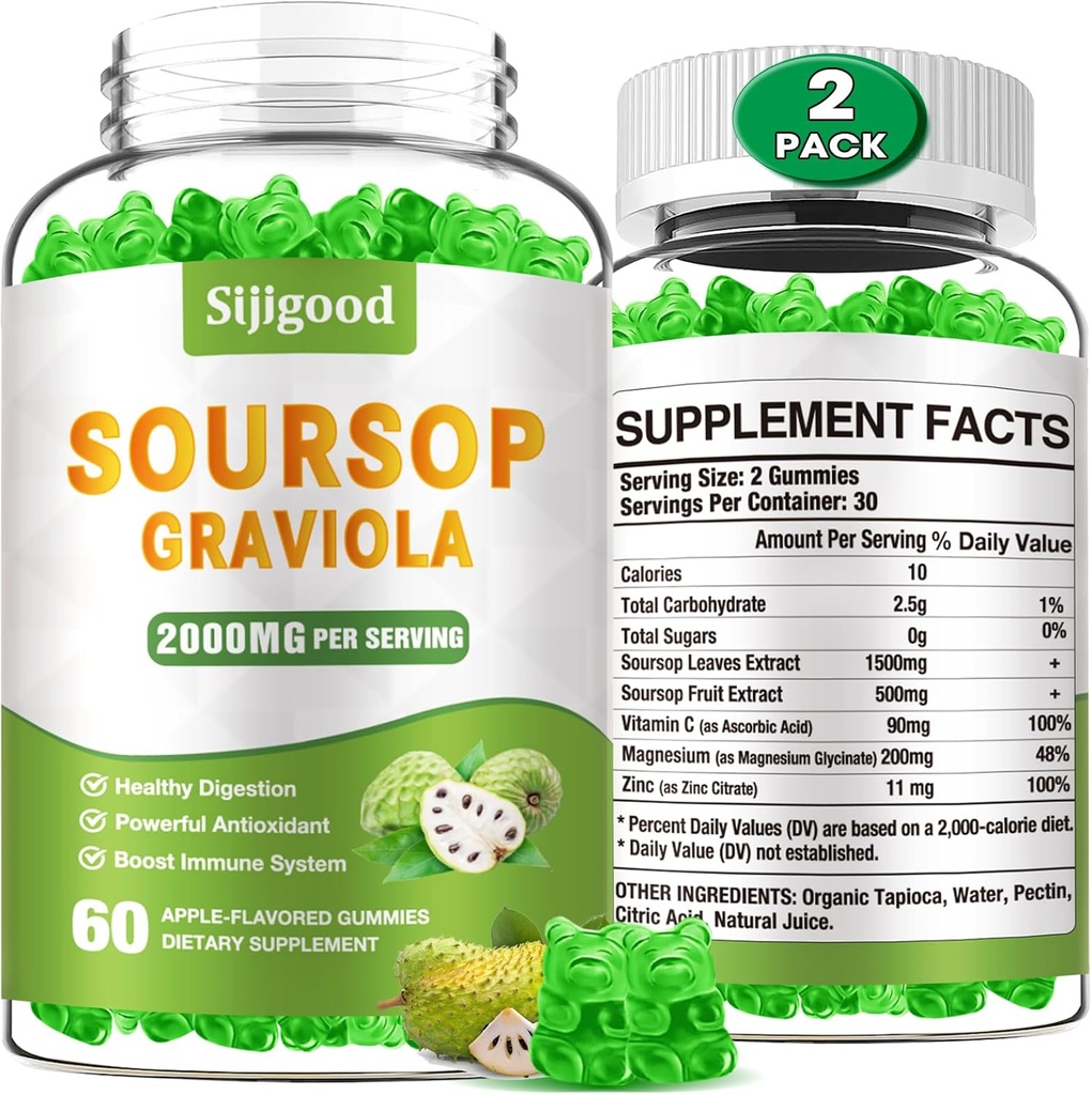 2 팩 Soursop Graviola Gummies - 유기 Soursop Leaves & Fruit Extract - 소화 보조 보조 보조, 면역 지원 및 산화 방지제 - 120 애플 맛 Gummies