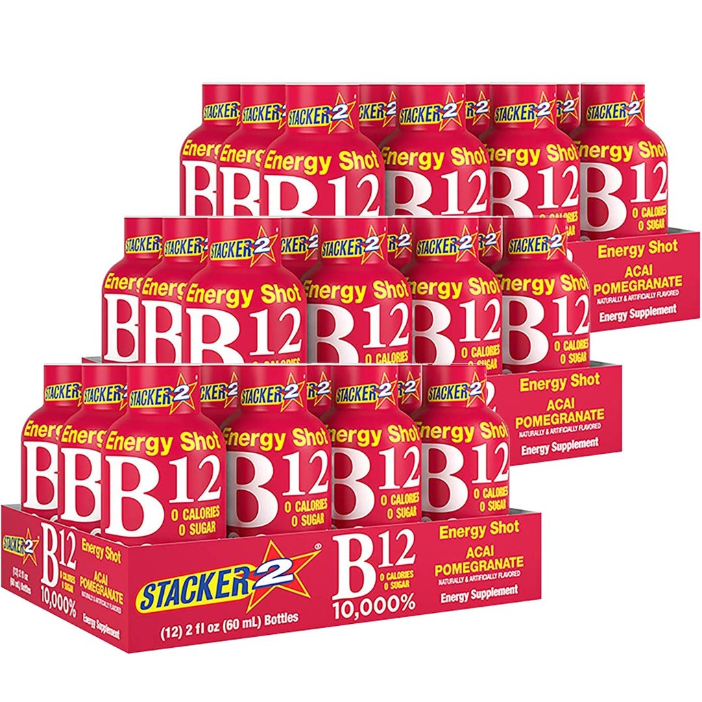 쌓아올리는 기계 2 비타민 B 복합체 B12 B6 B3 액체 에너지 탄 - Acai & Pomegranate - Cyanocobalamin, 10,000% DRV - B-6 Pyridoxine 40mg - B3 Niacinamide (니아신) 20mg - BASED BOX 번들 (2oz, 36 팩)