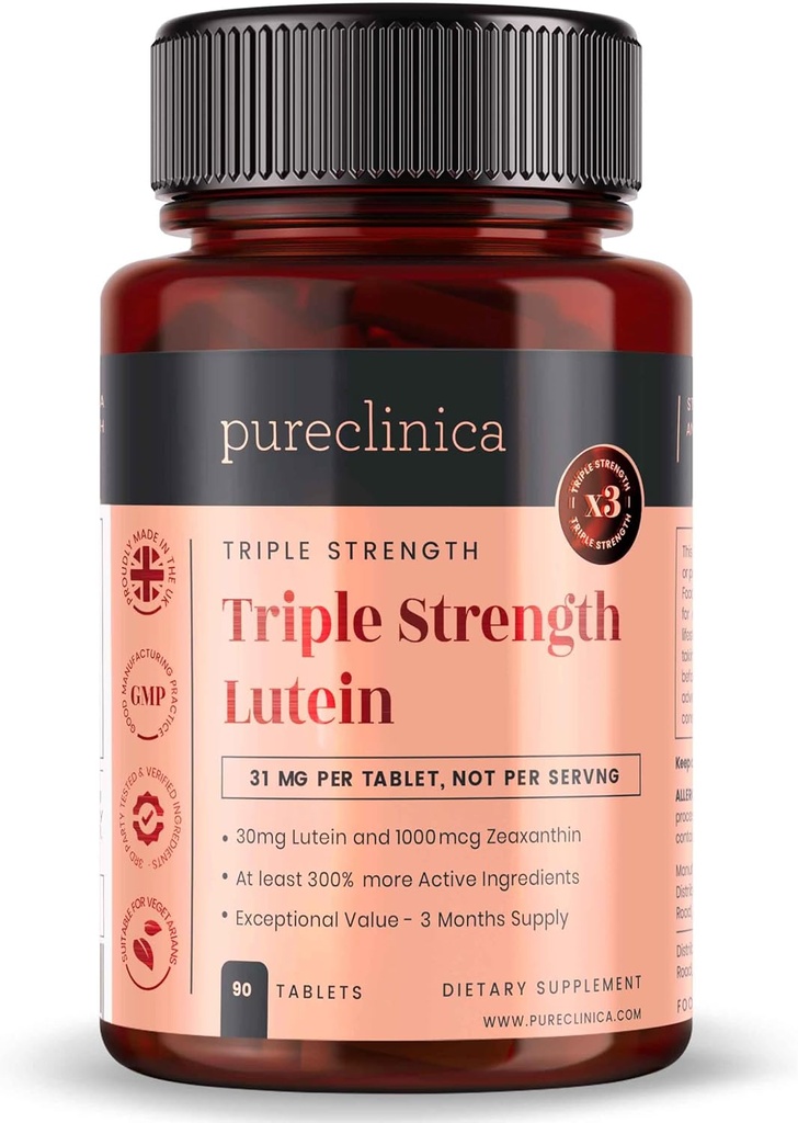 Zeaxanthin 1000mcg를 가진 순수한 Clinica Lutein 30mg – 세 배 힘 보충교재, 90의 정제 (3 달 공급)