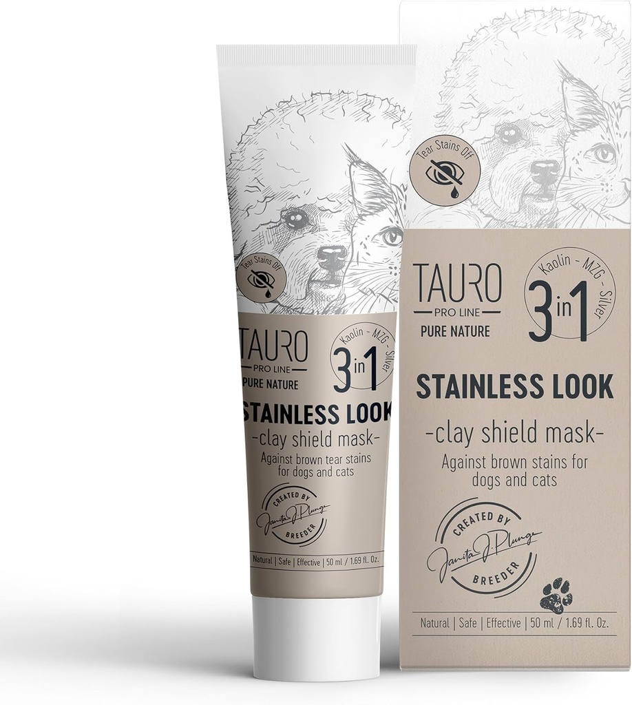 Tauro Pro Line Clay Tear Stain Remover for Dogs - 눈, 귀, 입, 개를위한 Gentle Grooming 제품, 강아지 및 고양이 (스테인리스 룩 - 1.69 Fl Oz)