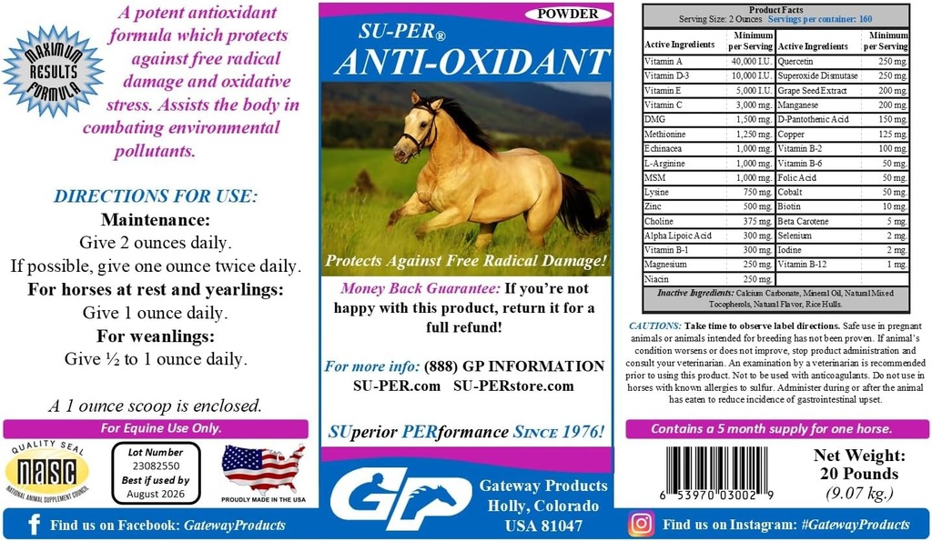 SU-PER 항산화 영양소 - Equine Vitamins & Essential Antioxidant Support - Combats 환경 오염 물질 및 산화 스트레스 - 20 파운드, 5 개월 공급