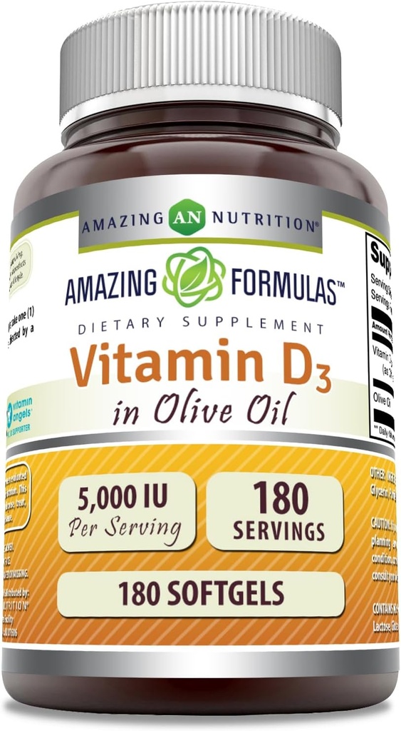 올리브 오일 5000 IU Softgels 보충으로 놀라운 공식 비타민 D3 | Gluten Free | 미국에서 제작 (180 개)