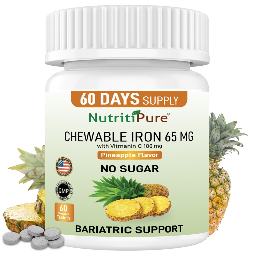 Chewable Iron Carbonyl 65 mg with Vitamin C 180 mg (여성/남자를 위해) - 파인애플 맛에 있는 정제 60 조사 (1)