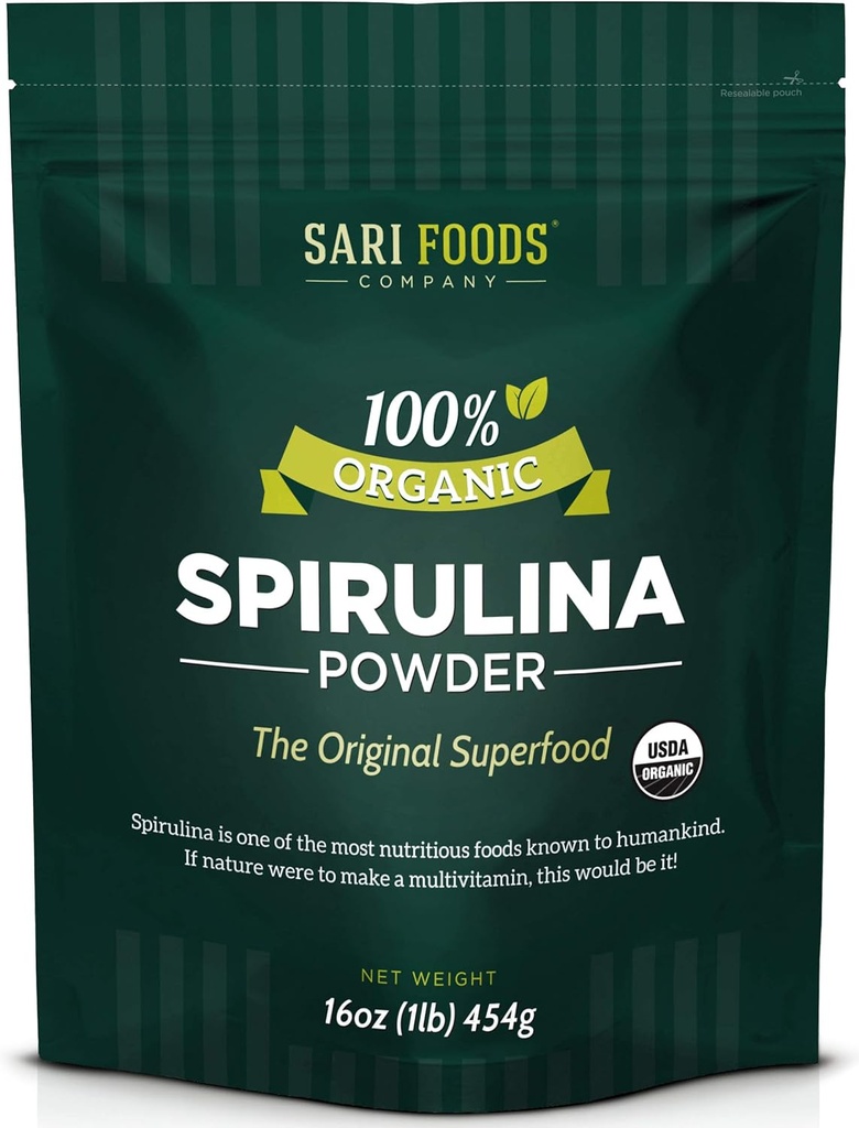 유기 Spirulina 분말 (16 Ounce): 자연적으로 Vegan, 공급 Folate, 비타민 B12, 철, 오메가 지방산, GLA, 베타 Carotene, 클로로필, 아미노산