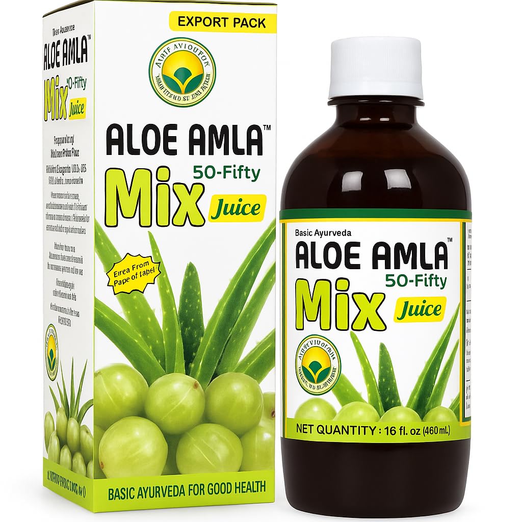 기본 Ayurveda Aloe Amla Mix Juice | 알로에 Vera & Amla Fruit 혼합 | 첫 번째 프레스 버진 주스 | 식물 기반 일일 음료 | Vegan & Non-GMO | 16.23 Fl Oz (팩 2)