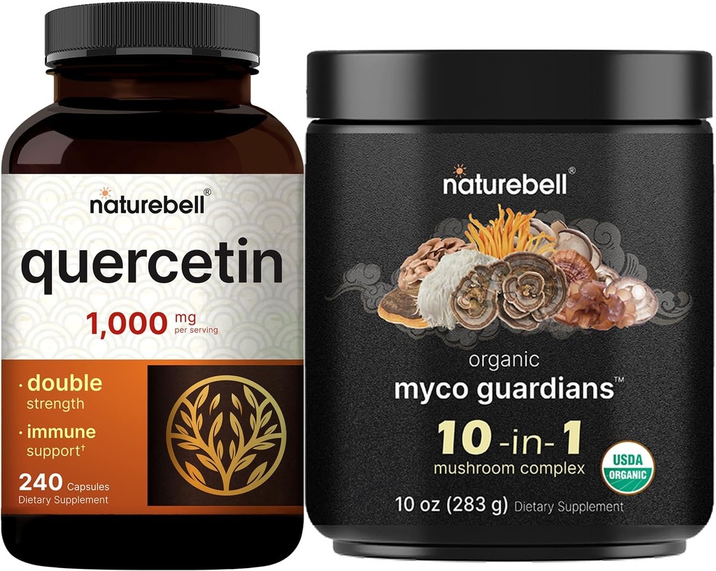 NatureBell Quercetin 1000mg per 서빙 & 10 에 1 버섯 분말, 10oz 번들 팩 | 매우 힘 Quercetin 보충교재 | 면역 부스터 & 뇌 건강 지원