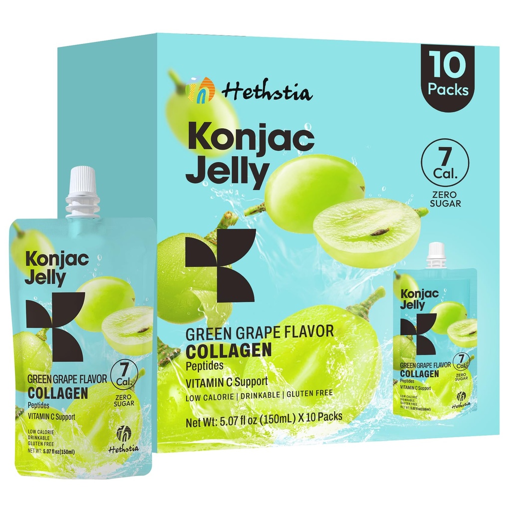 Hethstia Konjac 젤리 그린 포도 맛, 10 파우치, 콜라겐 펩타이드와 음료 포도 젤리, 7 Kcal, 설탕 무료, 글루텐 무료, 케토, 비건, 온-고 체리 라이트 스낵