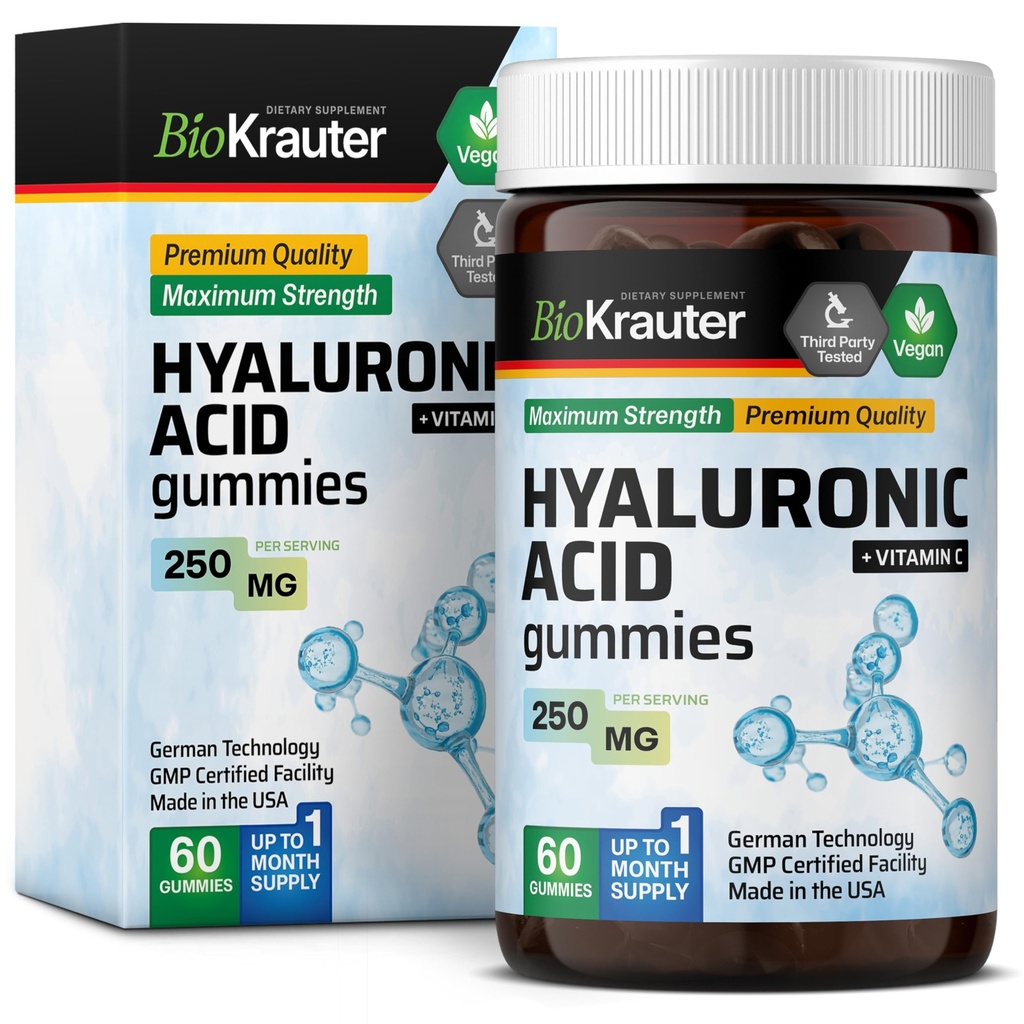 BIO KRAUTER Hyaluronic 산 Gummies w/Vitamin C - 250 mg - 60 Vegan Chews - Hyaluronic 산 보충교재 - Pectin 기초를 두어