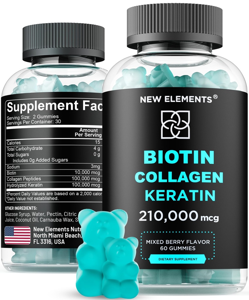 Keratin & 교원질 펩티드를 가진 Biotin Gummies - 남자 & 여자를 위한 머리 성장 처리를 위한 진보된 보충교재 피부와 못 비타민 – Biotin 10000mcg | Keratin 100000mcg | 교원질 100000mcg
