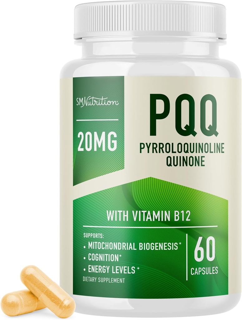 PQQ 보충교재 20mg | CoQ10 & 비타민 B12를 가진 Mitochondrial 생물 발생 & 에너지 낙관 | 지원 뇌 건강 & Mitochondria 생산 | Ultra PQQ 공식 | Vegan, 글루텐 자유로운 | 60의 캡슐