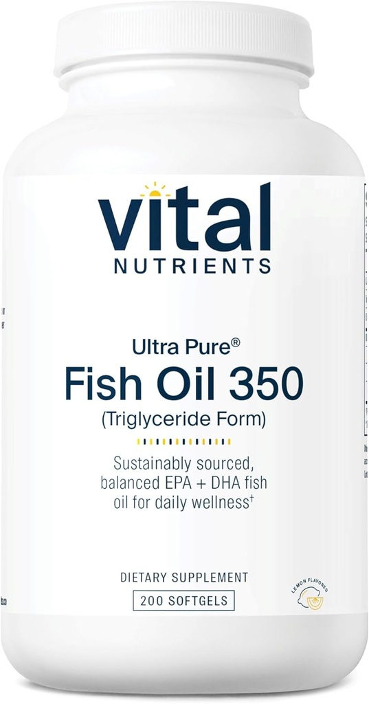 Vital Nutrients Ultra Pure® Fish Oil 350 | 하트, 두뇌, 면역 건강 지원 * | 지속 가능한 Sourced EPA 및 DHA Omega-3 지방산 | 레몬 맛 | 글루텐, 다이리, 소이 무료 | 200 Softgels