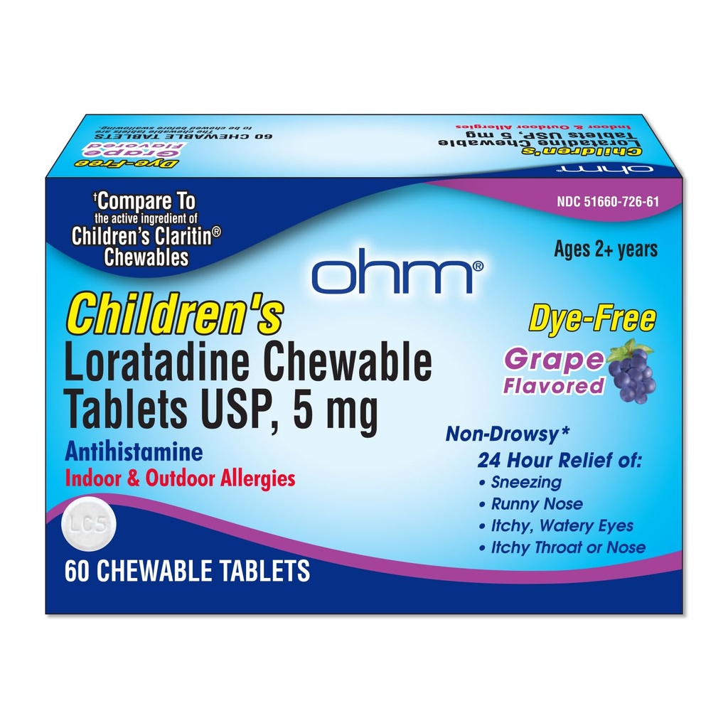 Ohm Children's Loratadine Chewable Tablets, Dye Free, Grape, Non-Drowsy 24h Sneezing, Runny Nose, Itchy Watery Eyes,Throat 또는 Nose, Antihistamine, 실내 및 실외 알레르기, 5mg, 60 정제