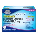 Ohm Children's Loratadine Chewable Tablets, Dye Free, Grape, Non-Drowsy 24h Sneezing, Runny Nose, Itchy Watery Eyes,Throat 또는 Nose, Antihistamine, 실내 및 실외 알레르기, 5mg, 60 정제