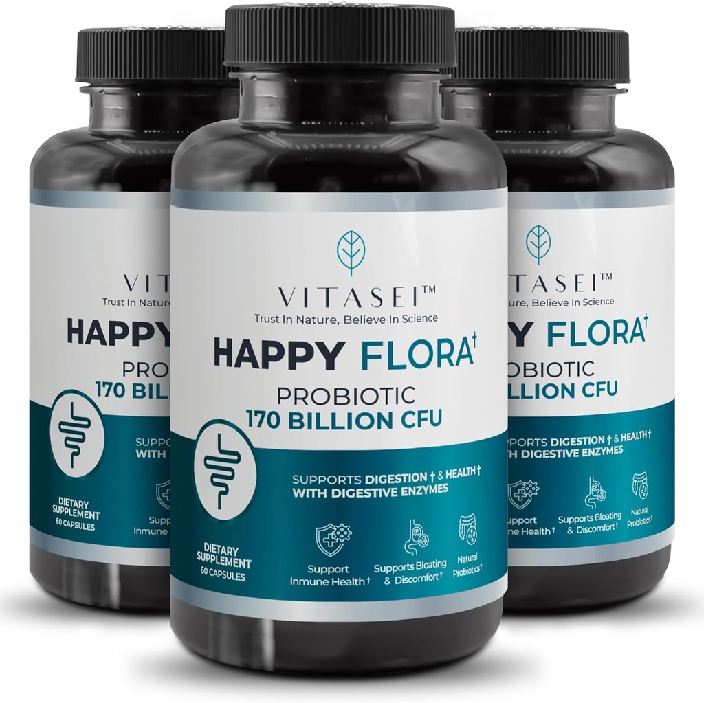 VITASEI 행복한 Flora, Probiotic 보충교재 170 Billion CFU Digestion를 위한 효소를 가진 건강한 Gut 건강, 여자와 남자를 위한 probiotics, 3개의 병 - 180의 캡슐