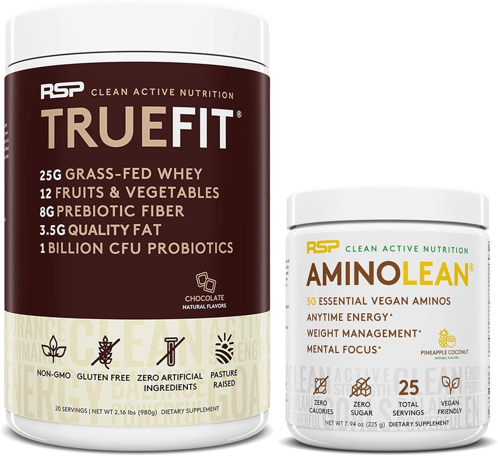 RSP NUTRITION Vegan AminoLean Pre 운동 에너지 (Pineapple Coconut 25 서빙) TrueFit Protein Powder (Chocolate 2 LB)