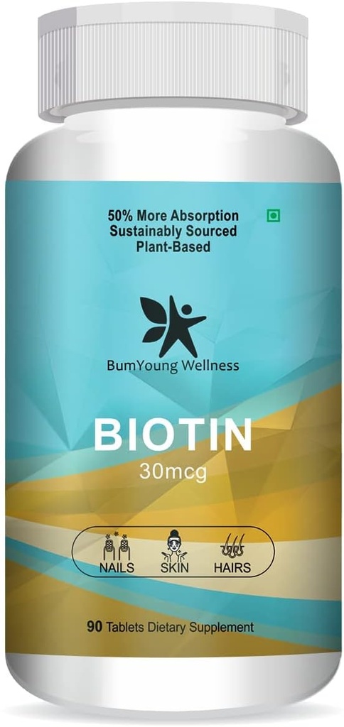 Goldy Biotin 30mcg, 머리 성장, 강한 머리 및 Glowing 피부를 위한 보충교재, Fights 못 Brittleness 90 정제