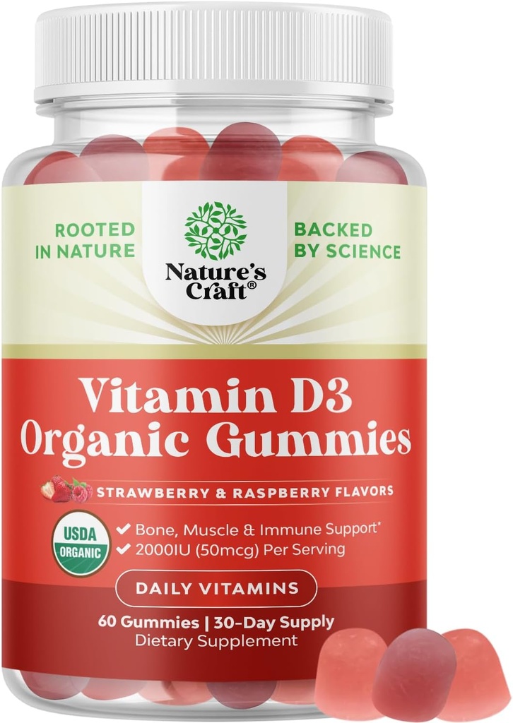 여성 및 남성을위한 유기 비타민 D3 Gummies - 뼈 건강, 근육 및 면역 지원을위한 봉사 당 비타민 D Gummies 2000IU - 성인을위한 비 GMO 보충 - 젤라틴 & 글루텐 무료 - 60 Gums