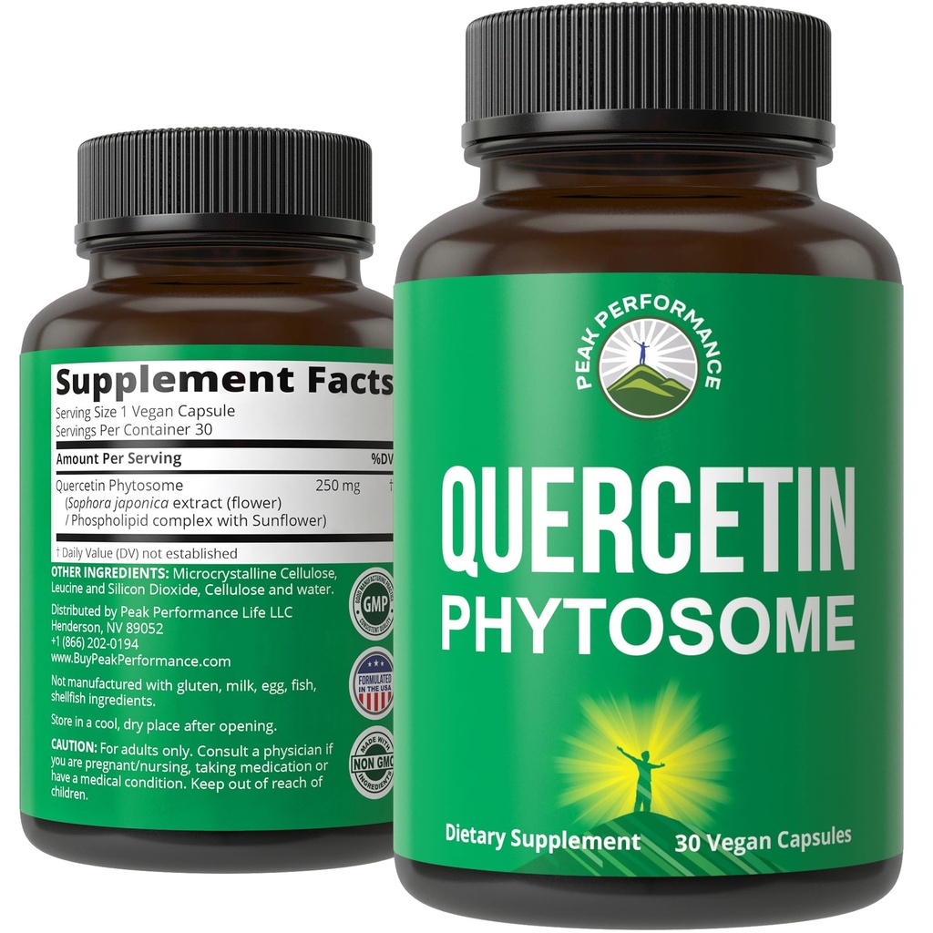 Peak Performance Ultra Pure Quercetin Phytosome Vegan 캡슐 - 최대 흡수를 위한 부유한 Sophora Japonica 추출물 지금. Quercetin 250mg 보충교재 캡슐. 미국에서 만든