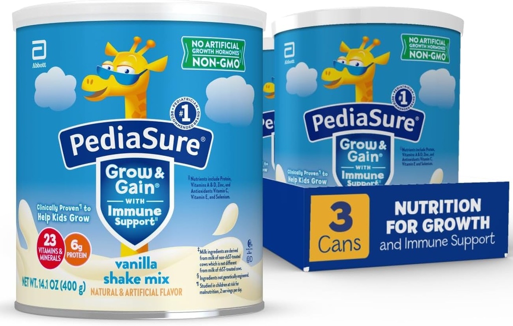 PediaSure는 Immune 지원 Shake 혼합 분말, 23 비타민 & 무기물, 6g 단백질, 비 GMO, 글루텐 자유로운, 바닐라, 14.1 oz 깡통, 3-24 서빙의 팩을 가진 성장하고 & 이익