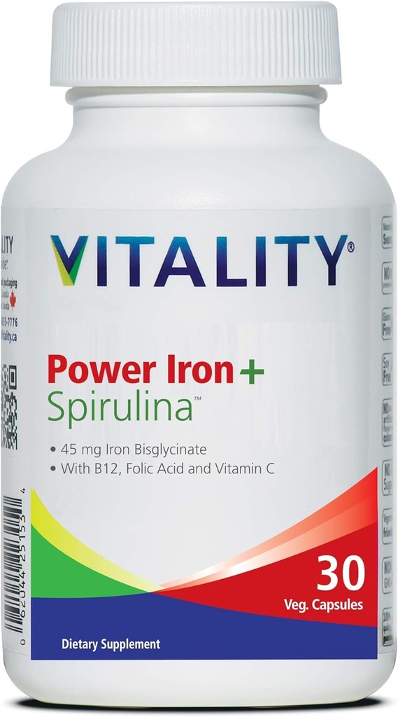 Vitality Power Iron + Spirulina | 45mg Iron | Blood Builder | Iron Deficiency Support | Vegan | 모든 자연 보충교재 | Stomach의 거북이 | 30 캡슐