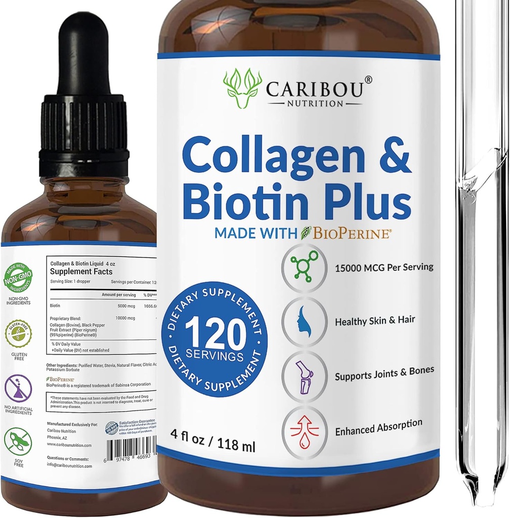 강화된 흡수를 위한 BioPerine를 가진 액체 교원질 & 액체 Biotin - 10000mcg 교원질 액체 & 5000mcg Biotin 액체 - Biotin와 교원질 보충교재의 여성 -4 달 공급을 위한 액체 교원질