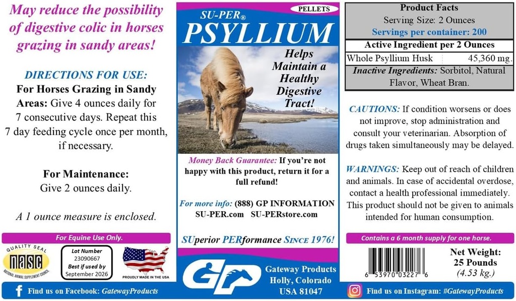 SU-PER Psyllium 펠릿 Equine 보충교재 - 말에 있는 건강한 소화 기관 태아를 유지합니다 - Intestinal Tract에서 모래 & 먼지의 제거 - 25 파운드, 6 달 공급