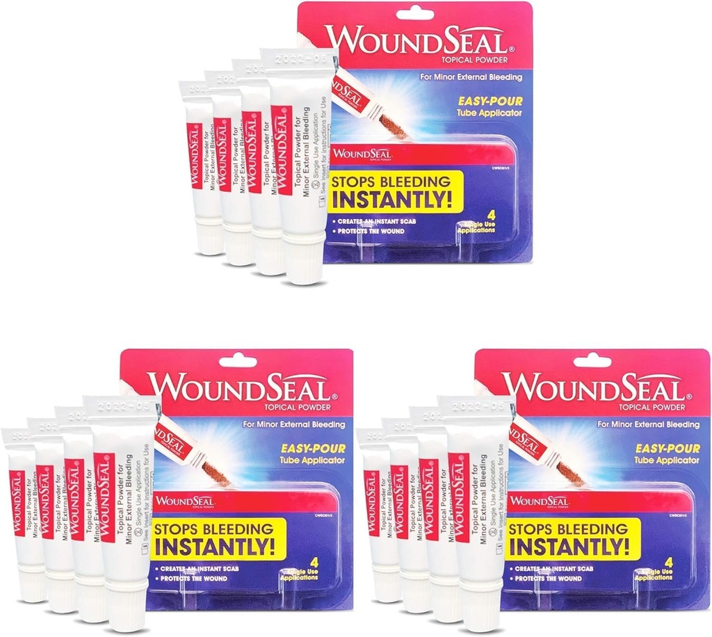 WoundSeal 분말 4 각 (포장 3) - 상처, 스크랩 및 마모에 대한 부상 케어 응급 처치 - Stitches 또는 Bandages없이 두 번째로 출혈을 중지 - 모든 연령과 애완 동물의 사람들에게 안전하고 효과적