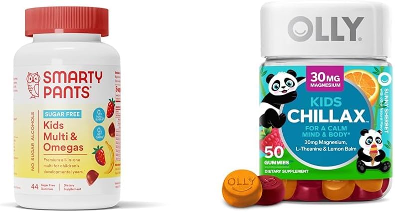 SmartyPants Kids Multivitamin Gummies, 설탕 무료 : 오메가 3 (ALA) & OLLY Kids Chillax, 마그네슘 Gummies Plus L-Theanine, 레몬 Balm, 어린이를위한 Calm Chews 4, 허브 맛 - 50 개 (팩 1)