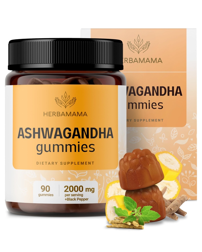 HERBAMAMA Ashwagandha Gummies - 2000mg Calm & Mood 지원을위한 블랙퍼와 순수한 Ashwagandha 뿌리 - 성인을위한 비 GMO Calming 보충제 - 90 Pectin 기반 바나나 - Flavored Chews