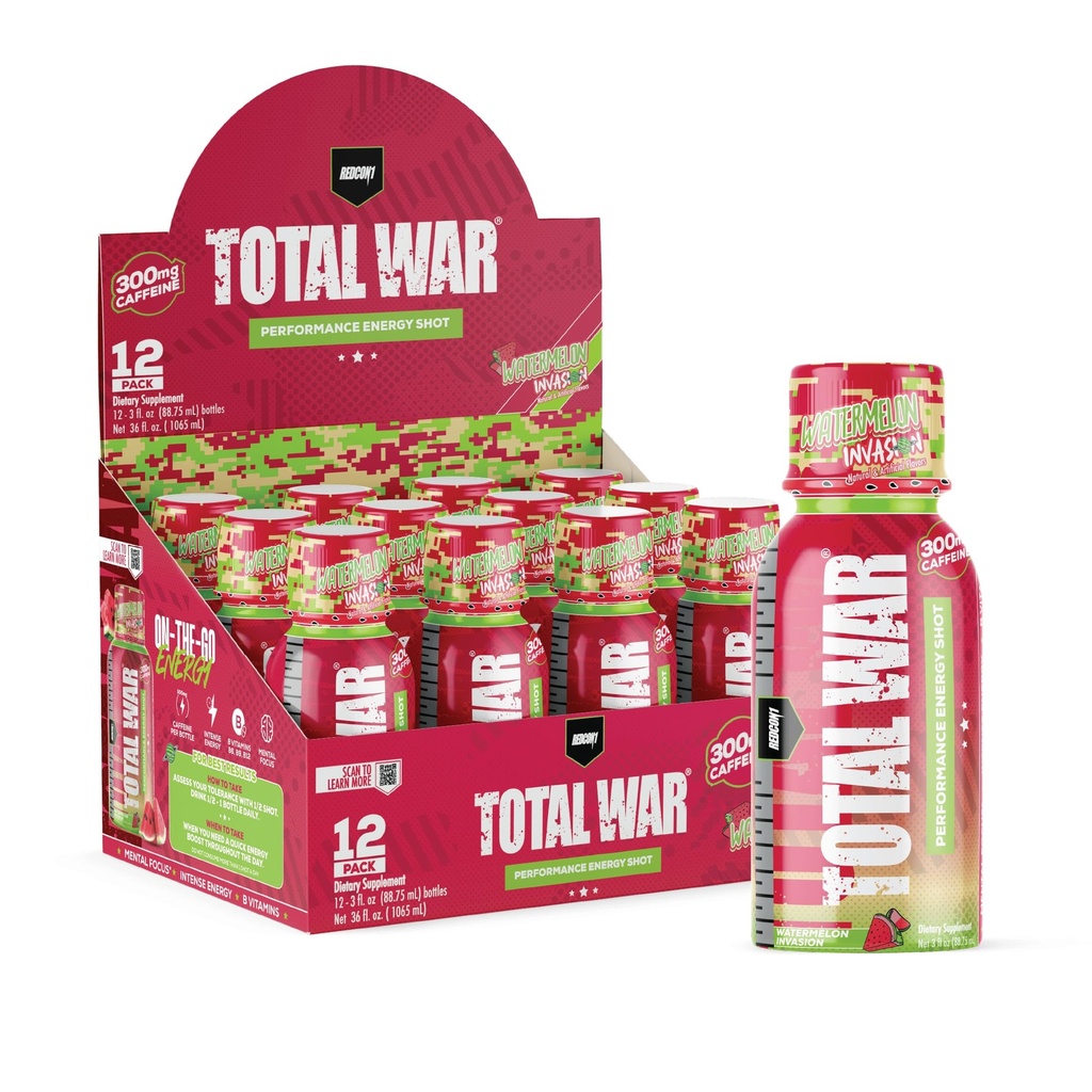 REDCON1 Total War Pre Workout Energy Shot - 300mg Caffeine Shot with B Vitamins & 0 Sugar - 초점 지원을위한 장기간 에너지 샷 - 운동 또는 Workday - 수박 침략 (12 개)
