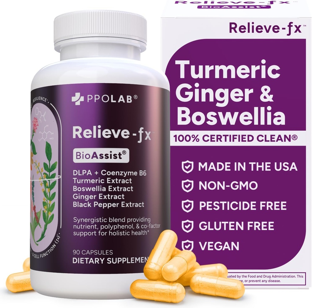 Relieve-fxTM DLPA Boswellia 심황과 생강 보충교재, 긴장 기복, 심장, 소화, 근육 크림프, 합동, 염증 건강, 비타민 B6 P5P, Boswellic 산, 까만 고추를 가진 쿠르코민 - 90ct