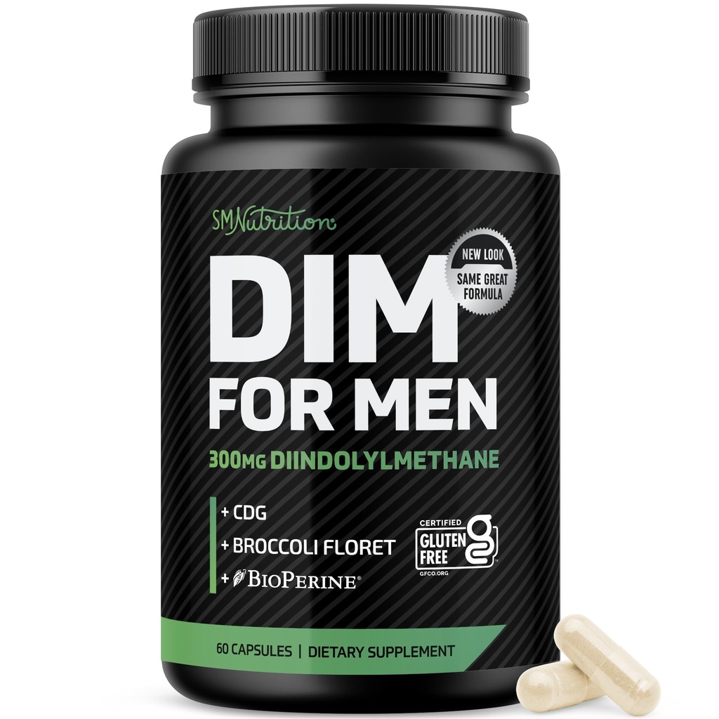 DIM 보충 남성 300mg | 에스트로겐 차단제 & Aromatase 억제제 | 추가 강도 남성 호르몬 균형 & 피트니스 부스터 Diindolylmethane Plus CDG & Broccoli Floret | 글루텐 프리 | 60 Ct