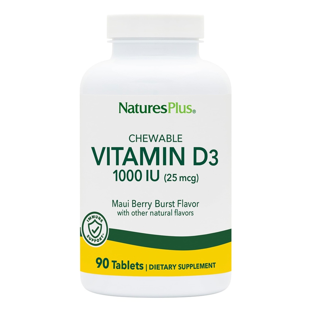 NaturesPlus 비타민 D3 (1000 IU) - 90 Chewable Tablets, Maui Berry Burst flavor - 채식주의 자, 글루텐 무료 - 90 서빙