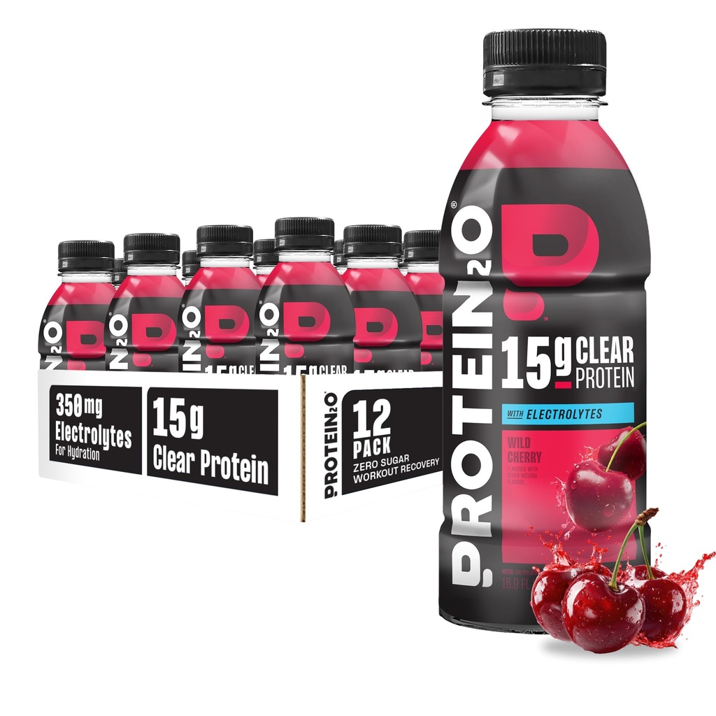 Protein2o Hydration 음료 - 2-in-1 액체 Clear Whey Protein Isolate 및 Electrolyte 음료 - 15g Protein, Vitamin B5, B6 - Post-Workout Recovery - 16.9 Fl Oz - 12 Count Wild Cherry