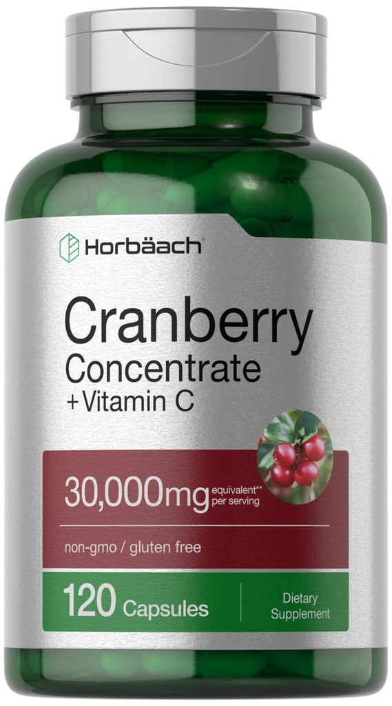 Horbäach Cranberry 농축 추출물 알약 + 비타민 C | 30,000mg | 120 캡슐 | 트리플 강도 궁극적 인 효능 공식 | 비 GMO 및 글루텐 무료 보충