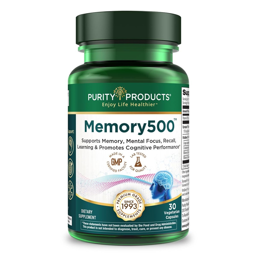 순수성 제품 Memory500 Bacopa monniera/Brahmi Elite Nootropic Complex - Peak Cognitive Performance*, 증가된 학습 속도* 및 건강한 기억 & Recall* - 30 채식 모자를 지원합니다