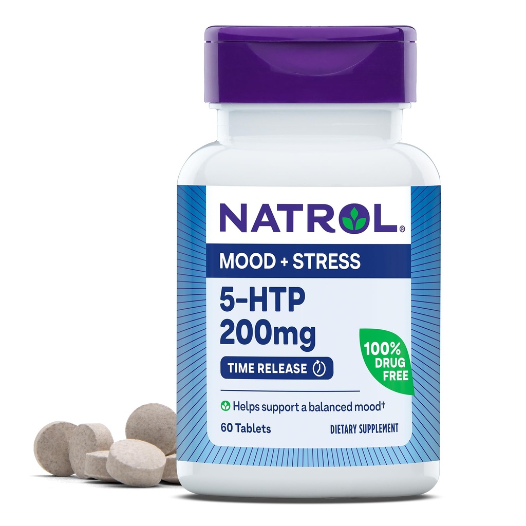 Natrol 5-HTP 200mg의 규정식 보충교재는 균형 잡힌 계류, 60 시간 방출 정제, 60 일 공급을 지원합니다