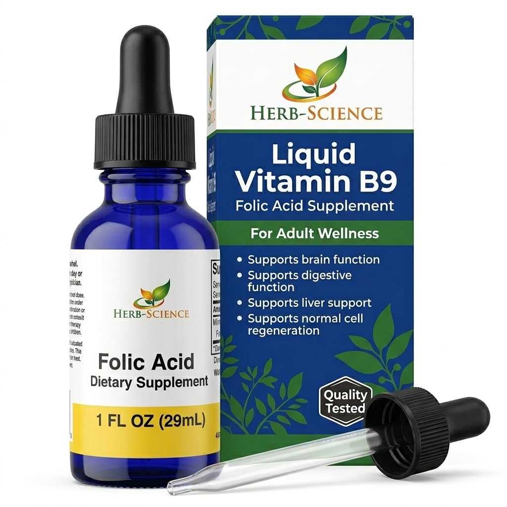 액체 비타민 B9 엽산 보충제 - 뇌 및 소화 기능, 간접 지원을위한 VIT B 드롭 - Gluten-Free, Non-GMO, Vegan - 성인을위한 영양 보충 - 1 fl. oz.
