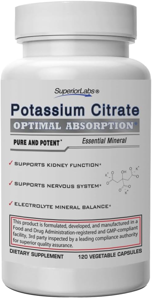 우량한 실험실 칼륨 구연산염 100 mg의 순수한 비 GMO Electrolyte 무기물, 첨가물 자유로운, Kidney 돌 & PH 지원, 근육 주름 기복, 심장 & Nerve 기능, Alkalizing 균형, 120의 볼트 모자