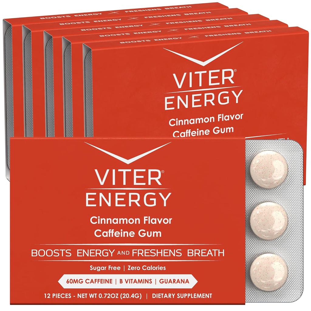 Viter 에너지는 Gum 60mg 카페인, B 비타민, 과라나, 설탕을 해방합니다. (Cinnamon, 12pcs, 6 팩)
