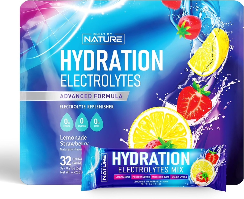 Electrolytes Powder Hydration Packets – 나트륨, 칼륨, 마그네슘, 칼슘, 비타민 C 및 아연과의 복구 음료 혼합 – 설탕 무료, 케토, 비 GMO & Vegan – Strawberry Lemonade – 32 스틱