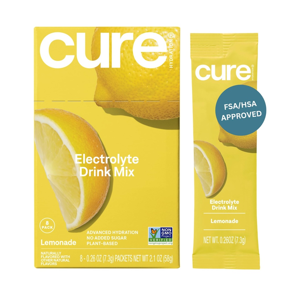 Cure Hydration | 식물 기반 전해질 음료 믹스 | 추가 설탕 없음 | 코코넛 워터로 만든 탈수 릴리프 파우더 | 비 GMO | Vegan | 8 Packets - Lemonade