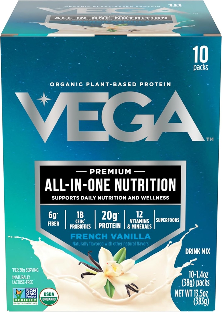 Vega Organic All-in-One Vegan Protein Powder, French Vanilla -Superfood Ingredients, 면역 지원 비타민, 여성 및 남성용 완두 단백질, 13.5 oz (패키지 May Vary)
