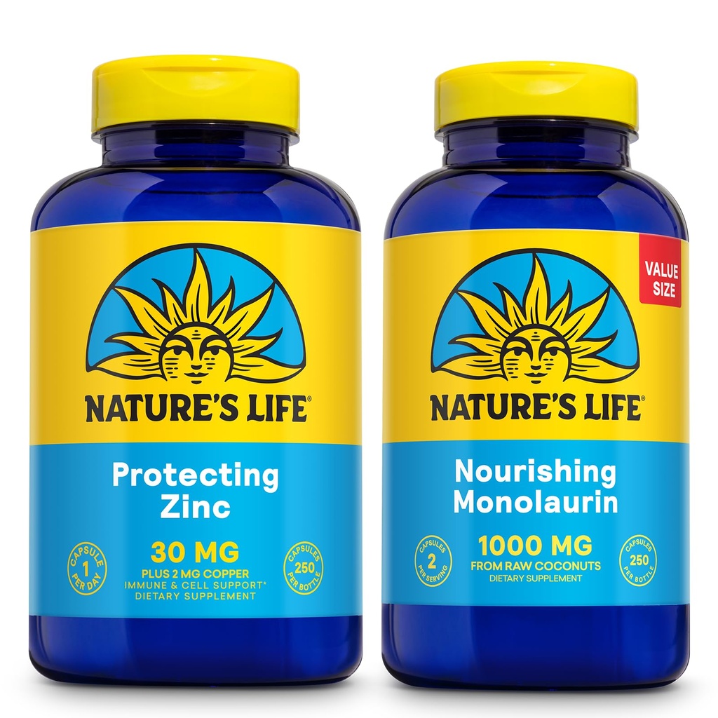 Nature's Life Nourishing Monolaurin 1000mg 250ct 및 보호 아연 Picolinate 30mg 250ct - Gut Health and Immune Support Supplements - 원시 코코넛, 킬레이트 아연 - 60 일 보증의 Monolaurin