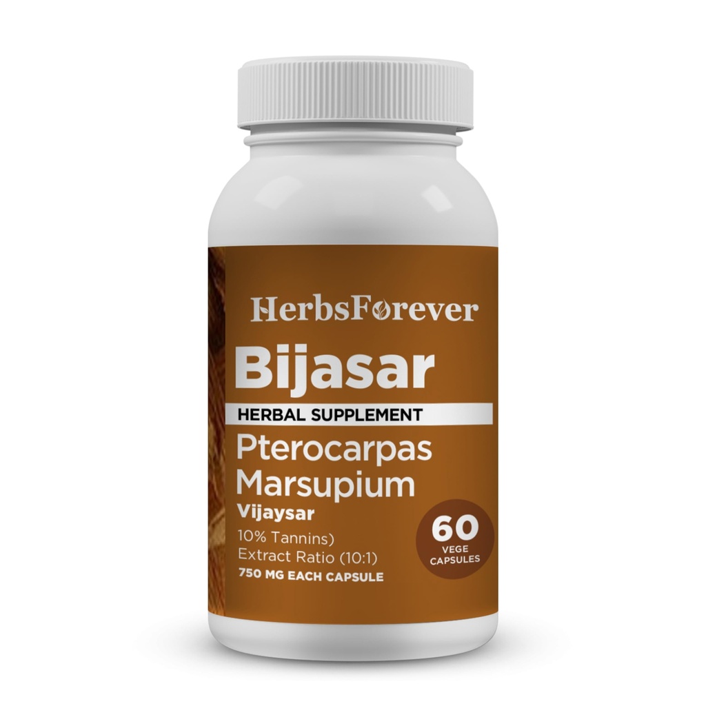 HerbsForever Bijasar(인도 Kino Tree, Malabar Kino)-Extra Strength(10:1) Extract,Equiv.to 4800mg Bark Powder Per 서빙-Liver Support & Detox Blood Sugar & 순수성|10% Tannins|60 Veg Capsules|800mg