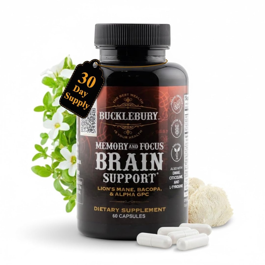 BUCKLEBURY 두뇌와 기억은 Bacopa & 알파 GPC와 보충 교재 - Cognitive 지원을 위한 Nootropic 뇌 캡슐, 초점 & 정신 명확성 - 여성 & 남자를 위한 기억 그리고 초점 알약 - Vegan 60의 캡슐